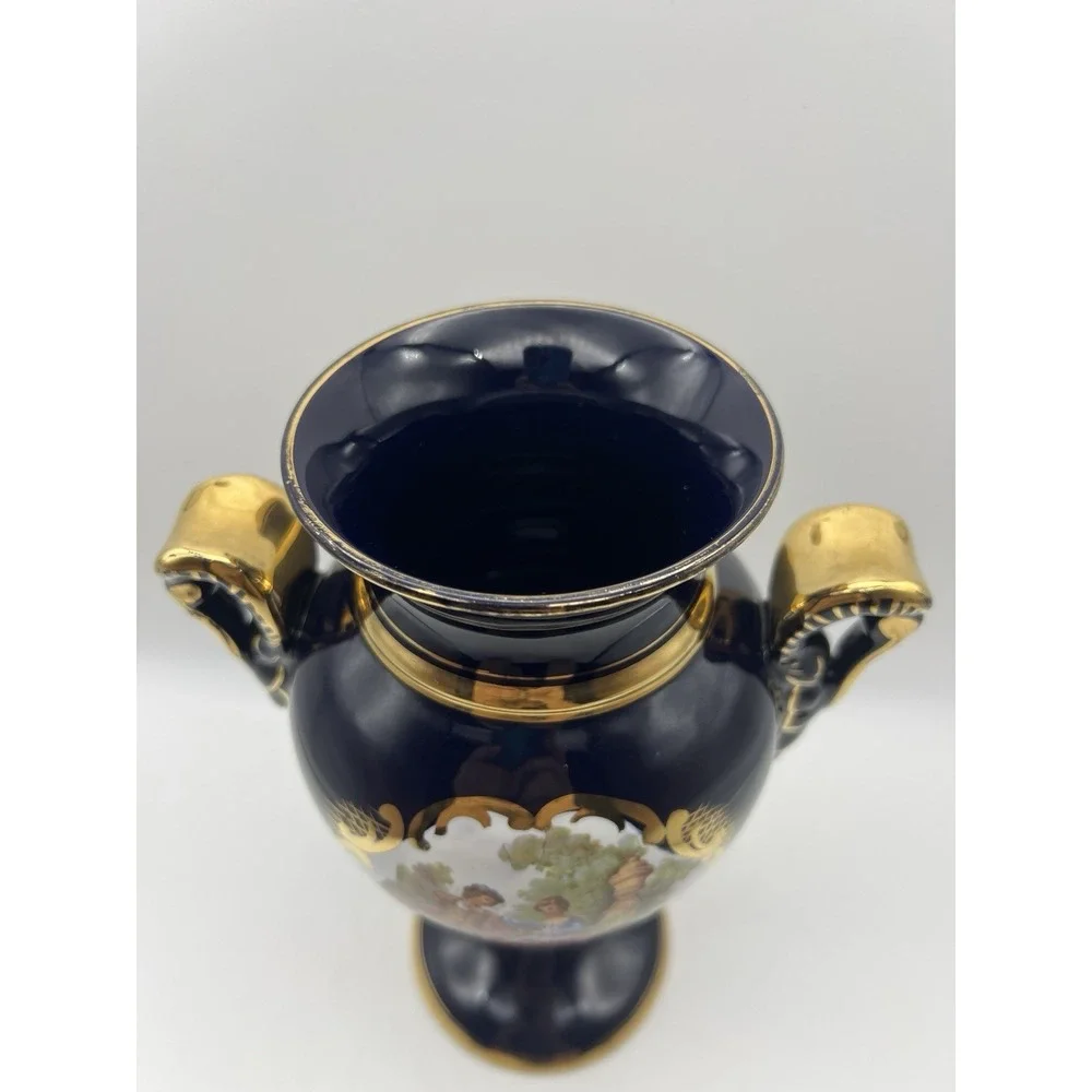 Vintage Limoges Fragonard 2 Handled Vase Cobalt Blue & Gold Courting Couple 9.5